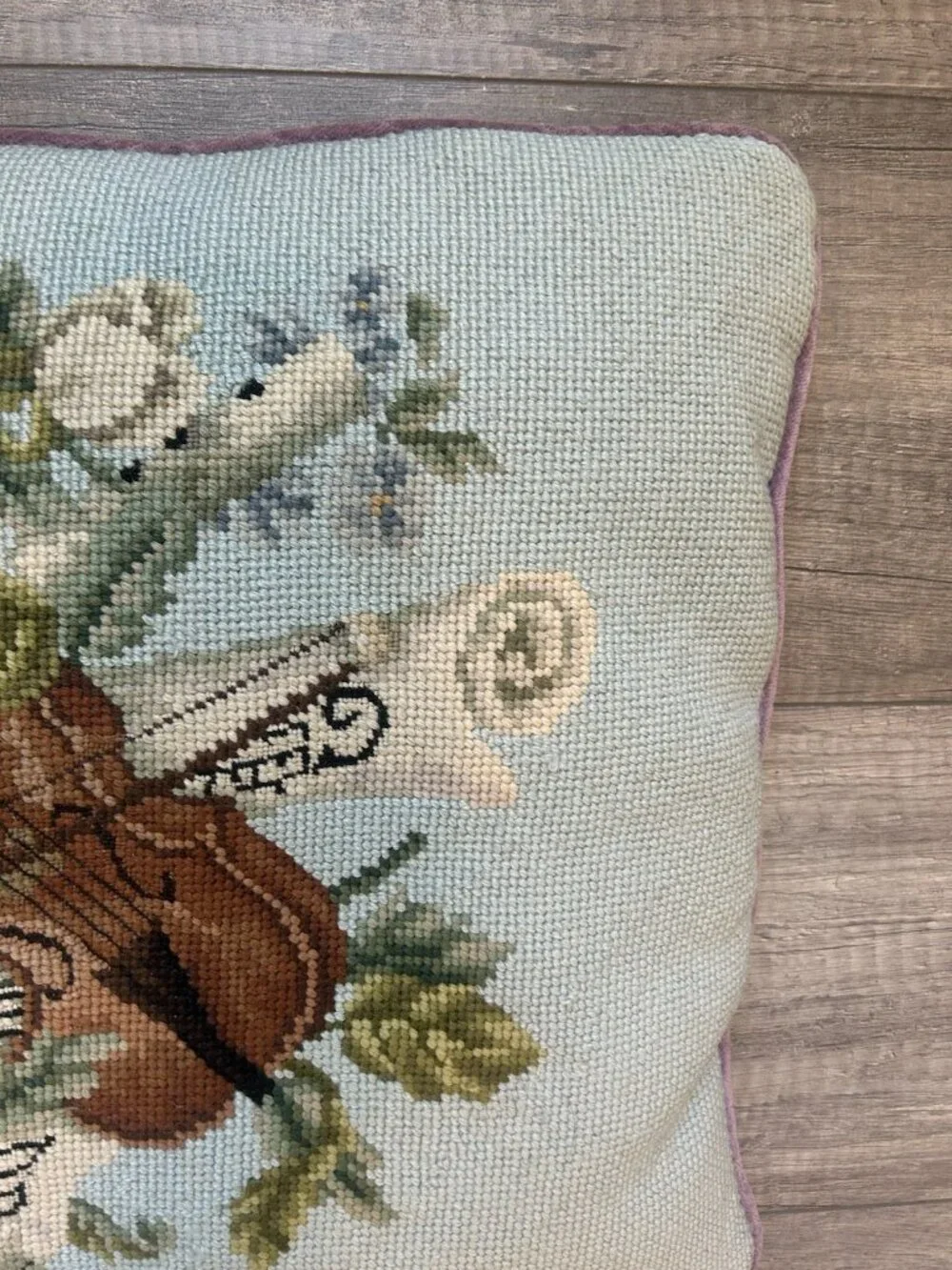 Vintage Needlepoint Pillow Violin Floral 15” X 15” Purple Velvet Cottagecore Fun
